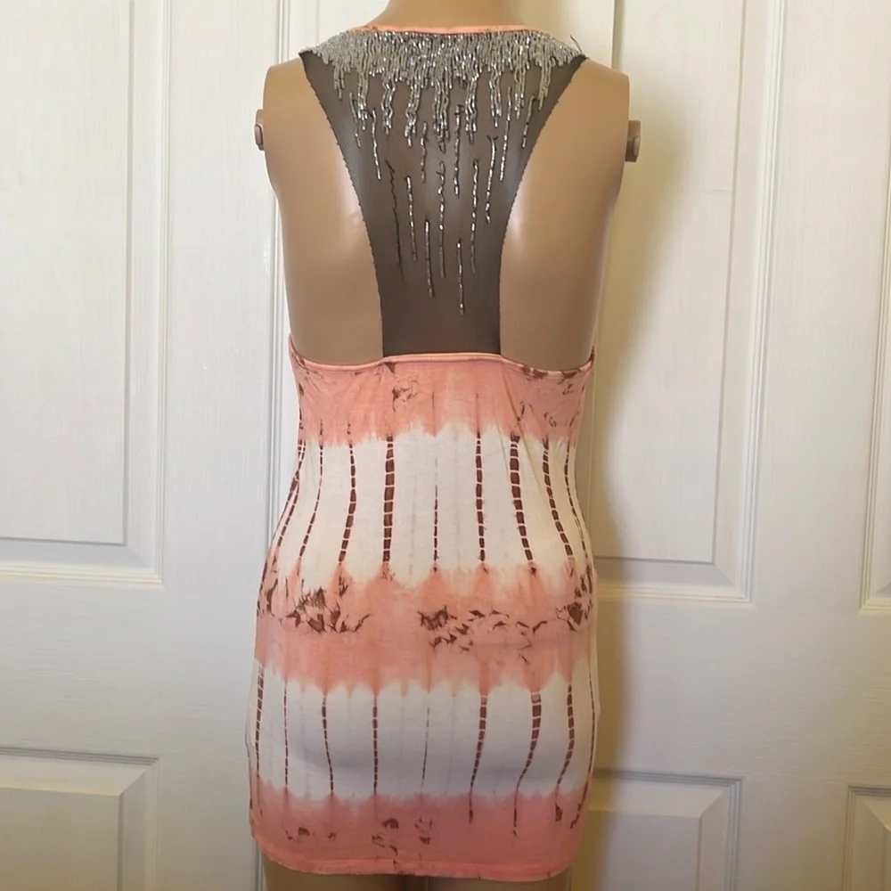 Peach and white tie dye long racerback tank with shear beaded back sz M